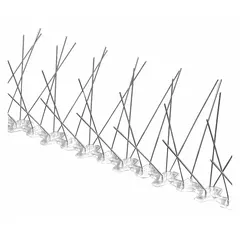 These bird spikes feature a plastic base with stainless steel spikes to deter pigeons from landing on ledges, roofs, and other flat surfaces. Each unit measures 10 ft in overall length and 5 in overall width, designed for standard ledge widths. The spikes create an uncomfortable perch without harming birds, suitable for commercial and industrial facilities.
