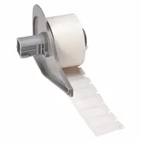 Thermal transfer precut label roll measuring 1/2 in x 29/32 in. Features an acrylic aggressive permanent adhesive for bonding to challenging surfaces. Halogen-free material suitable for industrial identification and labeling in harsh environments. Compatible with BMP71 printer series