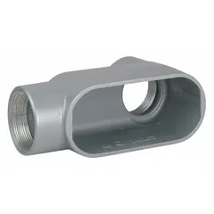 This LB 90° elbow conduit outlet body is used to pull, splice, or route electrical conductors in conduit runs. It has a 1 1/2 in trade size, 26 cu in body capacity, and is made of aluminum with a powder-coated finish. The body features threaded set screw hubs and is suitable for IMC or rigid metal conduit systems.