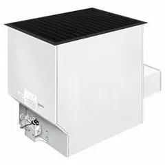 This in-floor vented gas heater operates on natural gas with a 50,000 BtuH heating capacity input. It includes a remote-mounted thermostat for temperature control. The grille measures 24 in x 34 in, with rough-in dimensions of 22-1/2 in x 32-1/2 in x 29-1/4 in. Suitable for heating commercial or industrial spaces.