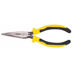These needle-nose pliers have a 7 3/8 in overall length, 1 1/2 in jaw length, and 1/8 in tip width. They include a built-in cutter for snipping wires or small fasteners. Suitable for precision gripping and cutting tasks in confined spaces.