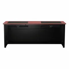 This computer desk features a cherry wood desktop and a black steel frame, measuring 72 inches wide by 31 inches high. It includes a modesty panel and is supplied as a kit for assembly. Suitable for office or home workspace setups.