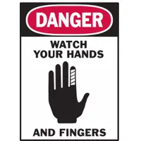 Polyester adhesive sign, 0.01 in thick, 5 in x 3 1/2 in nominal size. Not retroreflective or glow-in-the-dark. Supplied in a 5-pack. Used to warn personnel of hand and finger hazards in industrial environments, suitable for mounting on machinery, panels, or walls