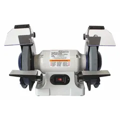Fixed-speed bench grinder with 3/4 hp motor, 3450 RPM, and 8 in maximum wheel diameter. Operates on 120V AC. Suitable for sharpening, deburring, and shaping metal parts in maintenance and fabrication settings.
