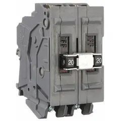 Two-pole miniature circuit breaker rated 20 A at 120/240V AC with a 10 kA interrupting capacity. Measures 2 inches wide and installs via plug-in connection. Provides overcurrent protection for branch circuits in load centers.