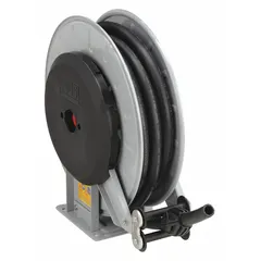 Spring-return hose reel for dispensing fluids such as diesel exhaust fluid. Includes a 26 ft hose with 3/4 in I.D. and 3/4 in BSP end configuration. Maximum operating pressure 145 psi. Features a gray reel and polypropylene swivel. Automatically retracts hose for tidy storage.