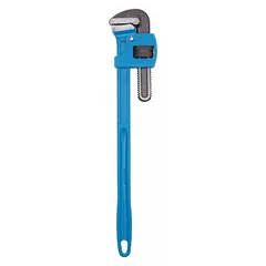 Straight pipe wrench with serrated jaws and I-Beam design for gripping and turning pipes, fittings, and round stock. Overall length 14 in, jaw capacity 1 1/2 in. Suitable for plumbing, mechanical, and industrial maintenance tasks.
