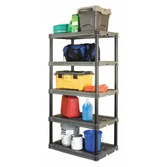 This press-fit stationary shelving unit features a corrosion-resistant plastic frame and shelves, making it suitable for environments where metal shelving would degrade. With five shelves and an overall height of 74 inches, it provides organized storage for industrial, commercial, or institutional settings requiring resistance to moisture or chemicals.