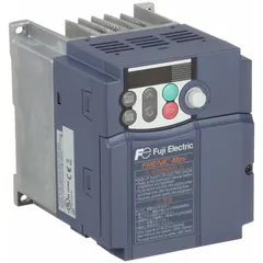 Three-phase output variable frequency drive rated at 5 hp with output voltage 200-240V AC. Features a heat sink for cooling and no bypass. Suitable for controlling motor speed in applications such as conveyors, pumps, and fans. Color: Black/Blue/Gray.