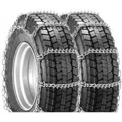 Steel V-Bar ladder chain link tire chain for light duty trucks. Compatible with 245/75-16 tires. Provides traction on snow and ice for improved vehicle control in winter conditions.