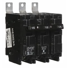 Three-pole miniature circuit breaker rated 15 A at 240V AC, part of the BL Series. Designed for bolt-on mounting in Siemens P1 panelboards. Provides overcurrent protection in three-phase electrical distribution systems. Maximum interrupting rating 22kA at 240V AC.