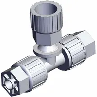 PFA compression tube fitting from the LQ3 series, with three 1/4 in OD ports. Suitable for use in high-purity fluid handling systems requiring leak-free connections. Complies with RoHS6 and RoHS10 standards