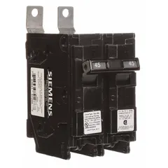 45 A, 120/240V AC, 2-pole, single-phase miniature circuit breaker from the BL Series. Designed for bolt-on installation in P1 Panelboards. Provides overcurrent protection with a maximum AIR rating of 65kA at 120/240V AC.
