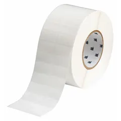Precut label roll with tamper-indicating VOID footprint pattern. Measures 3/4 in x 1 1/2 in with a 3/4 in core, white gloss finish. Provides visual evidence of unauthorized removal for asset security and access control applications.