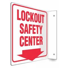 This 8 in x 8 in PETG safety sign features an L-Shape Projection Lockout design for identifying lockout points. It is mounted via mounting holes and is not retroreflective or glow-in-the-dark. Suitable for use in industrial lockout/tagout safety centers.