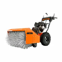This gas-powered power brush features a 28-inch brush width and 18-inch brush diameter, driven by a 179 cc Ariens AX 4-Cycle engine with electric start. It is suited for cleaning large paved surfaces such as parking lots, warehouses, and construction sites.