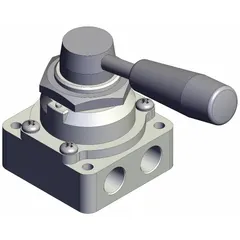 Manual air control valve with lever actuator and 1/4 in NPT ports. Features a panel-mounted, side-ported body with three-position operation and exhaust capability. Used for directing, stopping, or venting air flow in pneumatic systems.