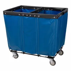 This assembled split compartment basket truck has a 14.9 cu ft capacity and a blue mildew-resistant vinyl liner. The steel frame is mounted on four swivel casters for maneuverability. It is suited for transporting and sorting laundry, linens, or bulk materials in commercial settings. Dimensions: 36 in L x 26 in W x 33 1/2 in H; weight: 42 lb.