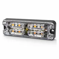 Blue/red rectangular LED perimeter warning light operating on 12-24V DC with 69 flash patterns. Includes mounting hardware and blunt cut wires for electrical connection. Bolt mount type with 1/2 in overall width. Suitable for vehicle perimeter visibility on emergency, utility, or construction vehicles