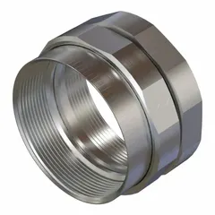 Aluminum straight union for joining two conduit sections. Female-to-female configuration with 1/2 in FNPT x 1/2 in MNPT threads. Unfinished finish. Suitable for use in conduit systems requiring a secure, corrosion-resistant connection.