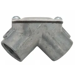 Zinc pull elbow for 1 in IMC or RMC conduit, providing a 90° change of direction with female-to-female 1"-11-1/2 NPS threads. Overall length 1 1/2 in. CSA certified and UL Listed to UL 514B for use in grounded conduit systems.