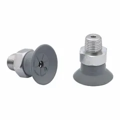 Flat type vacuum pad assembly for handling delicate components in electronics manufacturing. Features NBR material with 55 A durometer, gray color, 15.5 mm pad height, and 22.8 mm pad diameter. Suitable for pick-and-place and assembly automation where secure grip without marking sensitive surfaces is required.