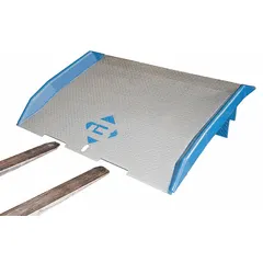 Steel dock board with diamond treadplate surface for traction. Overall dimensions 60 in length by 60 in width. Used to bridge the gap between a loading dock and a truck or railcar for forklift and pallet jack access.