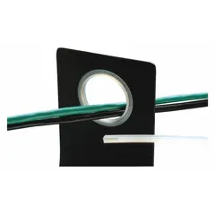 Solid grommet edging made of black polyethylene, 0.13 in wide, 0.16 in deep, and 100 ft long. Accommodates panels up to 0.06 in thick. Includes adhesive for installation. Used to protect cables and hoses from sharp edges in panel cutouts, typical in electrical enclosures and control panels.