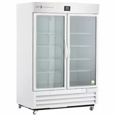 This upright lab refrigerator provides 49 cu ft of storage capacity with a temperature range of 1°C to 10°C. It features a white swing glass door that opens to the right, a temperature alarm, and uses R-290 refrigerant. Overall depth is 34 3/4 in. Suitable for general purpose storage of temperature-sensitive materials in laboratory environments.