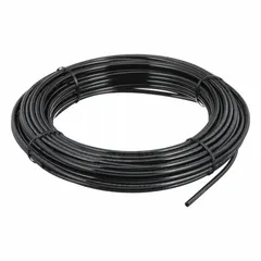 Metric polyurethane tubing with 5 mm inner diameter and 8 mm outer diameter, supplied in a 100 ft length. Black color, Shore A 90 to 95 hardness, rated for maximum operating pressure of 190 psi at 180°F. Suitable for pneumatic and fluid transfer applications in industrial automation and machine building.