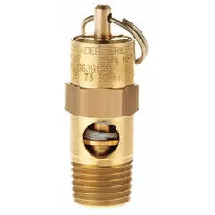 Soft seat pneumatic safety valve with brass body and silicone seat. Features 1/4 in male NPT inlet and 3/16 in female NPT outlet. Used for overpressure relief in compressed air systems and pneumatic circuits.