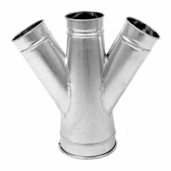 Galvanized steel double branch fitting for 4 in duct diameter with a 30° angle and 17 in overall length. Used to split airflow in ductwork systems, reducing turbulence and pressure drop in ventilation and material handling applications.