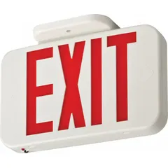 Plastic LED exit sign with white housing and red/green text. Operates on 120/277 V AC. Features universal field selectable chevrons for directional indication. Without battery backup or self-diagnostics. Suitable for end-mount applications in commercial and industrial facilities.