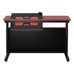 Manual adjustable-height desk with a cherry wood desktop and black steel frame. Overall dimensions: 48 in wide, 24 in deep. Maximum desktop height: 36 in. Suitable for sit-stand workstations in office or home environments.