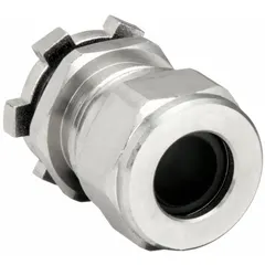 Straight metallic cable grip with 3/4 in MNPT box connection, accommodating cord diameters from 0.56 in to 0.68 in. Constructed with a stainless steel body in silver finish and NPT threading. Suitable for securing and sealing cables in junction boxes or enclosures in industrial environments.