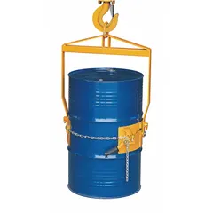 This manual tilt drum lifting hook is designed for vertical lifting and dispensing of 55-gallon drums. It features a steel body with a yellow finish and an 800 lb weight capacity. Suitable for industrial material handling applications requiring controlled tilting and dispensing of drum contents.