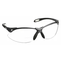 Wraparound frame safety glasses with a clear lens and +1.50 diopter magnification. Features a hard coat on the bottom of the lens for added scratch resistance. Padded comfort-fit design for extended wear in industrial settings such as assembly, inspection, and machining.