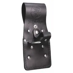Black leather holster designed to carry a hammer. Open top design with belt slot accommodates belts up to 4 inches wide. Suitable for electricians and maintenance technicians requiring quick access to a hammer on the job.