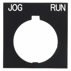 Rectangular non-metallic legend plate for 30 mm panel-mounted push-buttons. Black body with white 'Jog Run' legend in English. Overall height 1 in, overall width 1 1/2 in. Part of the HT800 series.