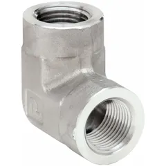 This 90° elbow is a 316 stainless steel extreme pressure threaded pipe fitting with 3/8 in x 3/8 in NPT connections, rated for 4500 psi. It is used in hydraulic, pneumatic, and industrial fluid handling systems requiring leak-tight connections in high-pressure and corrosive environments.