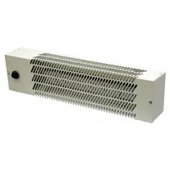 Surface-mount convection heater for maintaining temperatures in pump houses and similar enclosures. Operates on 120/208/240V AC, 1-phase, with selectable wattage output of 500W/375W/500W. Includes a unit-mounted thermostat. Beige finish. Dimensions: 5 in H x 21 in W x 3-1/2 in D.