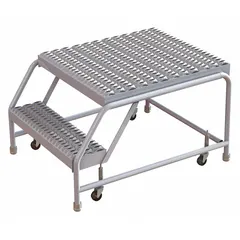 This two-step rolling stool provides a stable mobile platform for reaching elevated work areas. Constructed of aluminum with a silver finish, it features four swivel casters for easy positioning. Rated for 350 lb capacity with a 1.7 ft standing height. Handrails not included.