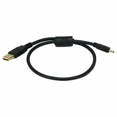USB 2.0 cable with Type A and Mini B connectors, 1.5 ft length, black. Suitable for connecting devices with a Type A port to those with a Mini B port, such as older digital cameras, external hard drives, or industrial equipment.