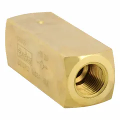 The Parker C600B is a brass-bodied check valve with 3/8 in NPT inlet and outlet connections. It allows fluid flow in one direction only, preventing backflow in hydraulic systems. Suitable for general purpose hydraulic applications in industrial machinery and mobile equipment.