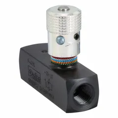 The Parker F400S is a manual flow control valve with a steel body and 1/4 in NPT ports. It has a maximum flow rate of 5 gpm and is adjusted via a rotary knob. This valve is used to regulate oil flow in hydraulic systems, controlling actuator speed or cylinder motion in industrial machinery.