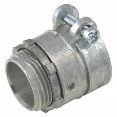 Straight connector with squeeze clamp mechanism for terminating flexible conduit to enclosures or junction boxes. Zinc construction, 2 in trade size, 2 in MNPT thread, non-insulated. Gray finish, CSA certified.