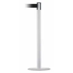 This retractable belt post barrier features a stainless steel post and base with a white finish. The 13 ft black belt has no pattern or legend, providing a clean visual barrier. Used for crowd control, queue management, and area delineation in industrial, commercial, and public settings.