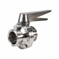 This DIXON butterfly valve features a 316L stainless steel body and disc with a clamp connection and lever handle offering 13 stop positions. Rated for a maximum pressure of 140 psi (CWP) and with an average surface roughness of ≤ 32 micron, it is 3-A certified for sanitary flow control in processing lines.