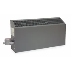 Gray cabinet wall heater for hazardous locations. Operates on 480V AC, 3-phase power with 7.6 kW output. Cabinet dimensions: 58 in W x 18 in H x 9 in D; overall dimensions: 18 in H x 64 in W x 9 in D. Suitable for use in areas where flammable gases or dust may be present.