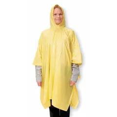 This universal-size rain poncho is made of 0.1 mm thick yellow PVC with heat-welded seams and snap closure. It includes an attached hood and measures 52 inches in length. Designed for basic weather protection during outdoor work in light rain or wet conditions.
